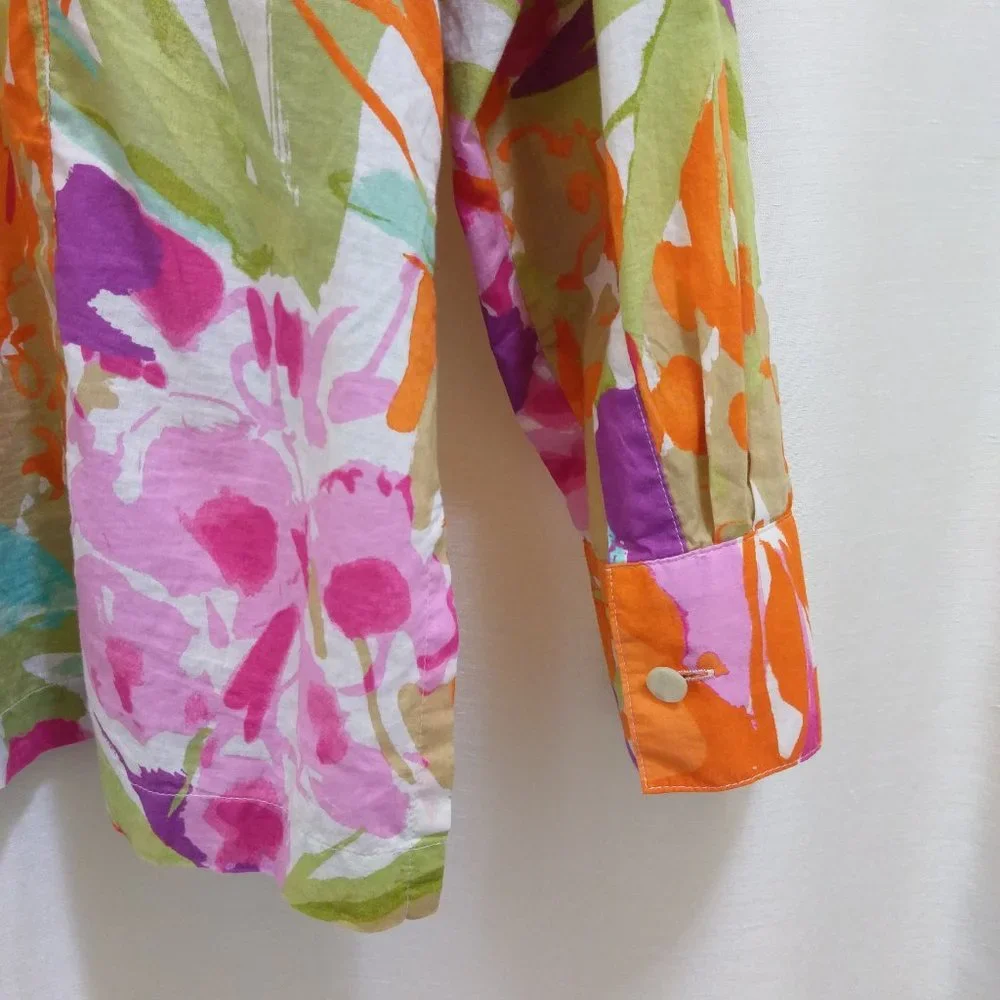 Tropical Cotton Blouse - Long-Sleeve - Beaded - Sz Medium - Picture 8 of 10